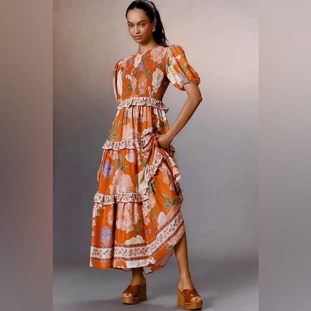 FARM Rio Orange Floral Maxi Dress with Pink & Green Accents